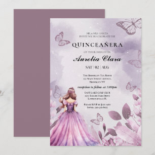Invitación Quinceañera Rubor  púrpura Mariposa Floral 