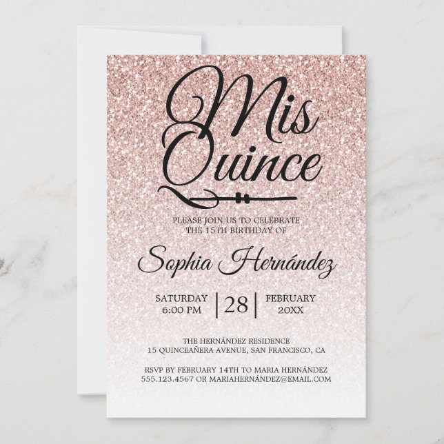 Invitación Quinceañera Rubor Purpurina Rosa 15 cumpleaños (Anverso)