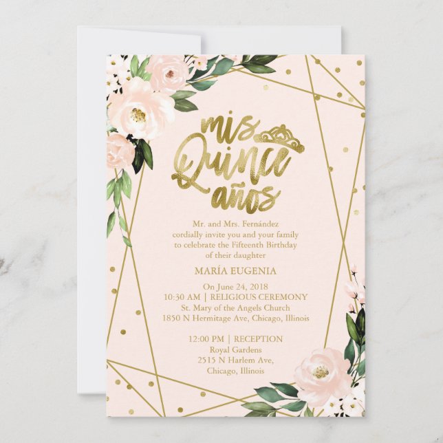 Invitación Quinceanera Rubor rosa bilingüe (Anverso)