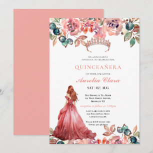 Invitación Quinceañera Rubor Rosa Floral Mariposa Tiara