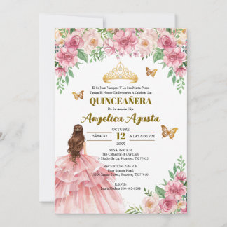 Invitación Quinceañera Rubor Rosa Floral Princesa Española