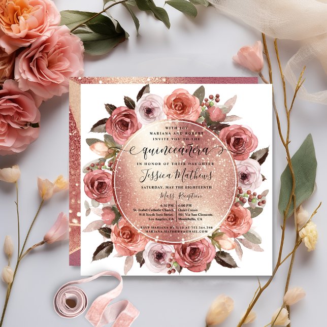 Invitación Quinceanera Rubor Rosa Floral Purpurina Gold (Subido por el creador)