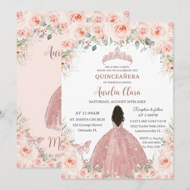 Invitación Quinceañera Rubor Rosa floral rosado Chica de vest (Anverso / Reverso)