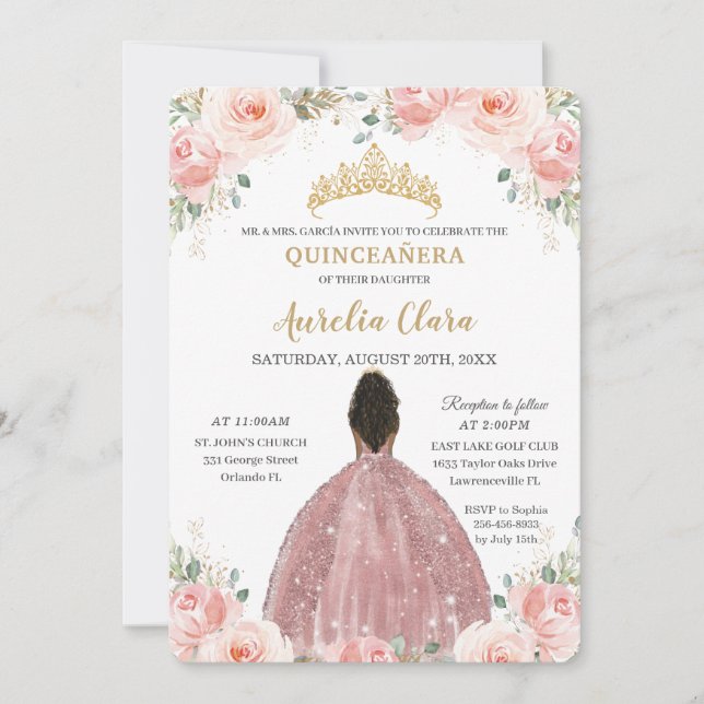 Invitación Quinceañera Rubor Rosa floral rosado Chica marrón  (Anverso)
