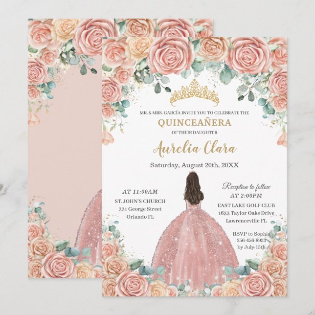 Invitación Quinceañera Rubor Rosa floral vestido de oro Princ (Anverso / Reverso)