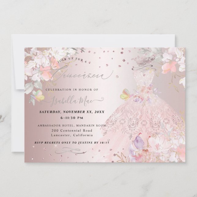Invitación Quinceanera Rubor Rosa Purpurina Guisantes Dulces (Anverso)