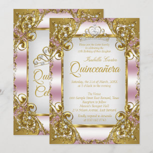 Invitación Quinceañera Rubor Rosa Tiara de Perlas Doradas Fie