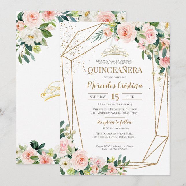 Invitación Quinceanera Rubor rosas rosadas y la perla de oro  (Anverso / Reverso)
