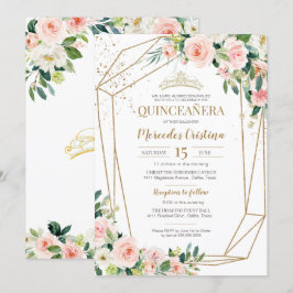 Invitación Quinceanera Rubor rosas rosadas y la perla de oro 
