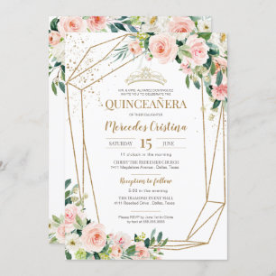 Invitación Quinceanera Rubor rosas rosadas y la perla de oro