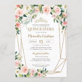 Invitación Quinceanera Rubor rosas rosadas y la perla de oro 