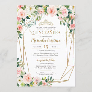 Invitación Quinceanera Rubor rosas rosadas y la perla de oro 