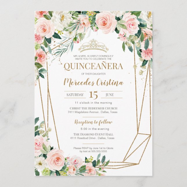 Invitación Quinceanera Rubor rosas rosadas y la perla de oro  (Anverso)
