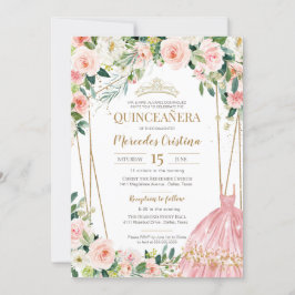 Invitación Quinceanera Rubor rosas rosadas y la perla de oro 
