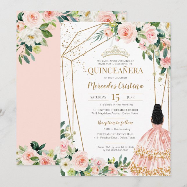 Invitación Quinceanera Rubor Roses rosas rosas y oro, Chica G (Anverso / Reverso)