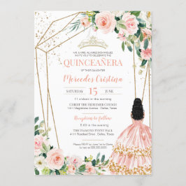 Invitación Quinceanera Rubor Roses rosas rosas y oro, vestido