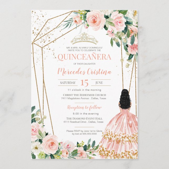 Invitación Quinceanera Rubor Roses rosas rosas y oro, vestido (Anverso)