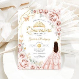 Invitación Quinceanera Rubor Vestido floral de oro rosa