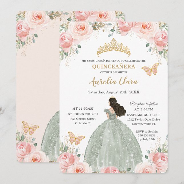Invitación Quinceañera Rubor Vestido verde azulado floral ros (Anverso / Reverso)