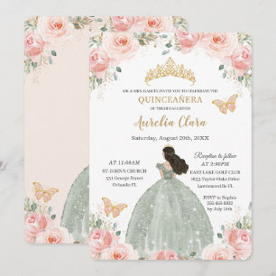 Invitación Quinceañera Rubor Vestido verde azulado floral ros