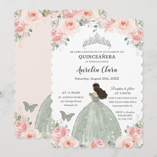 Invitación Quinceañera Rubor Vestido verde azulado floral ros (Anverso / Reverso)