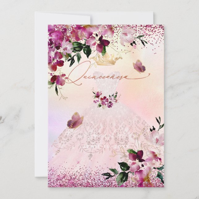 Invitación Quinceanera Rubor Vestir flores de borgoña (Anverso)