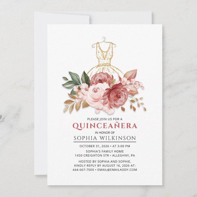Invitación Quinceanera Rustic Floral Faux Gold Vestido 15 (Anverso)