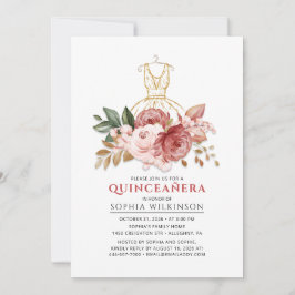 Invitación Quinceanera Rustic Floral Faux Gold Vestido 15