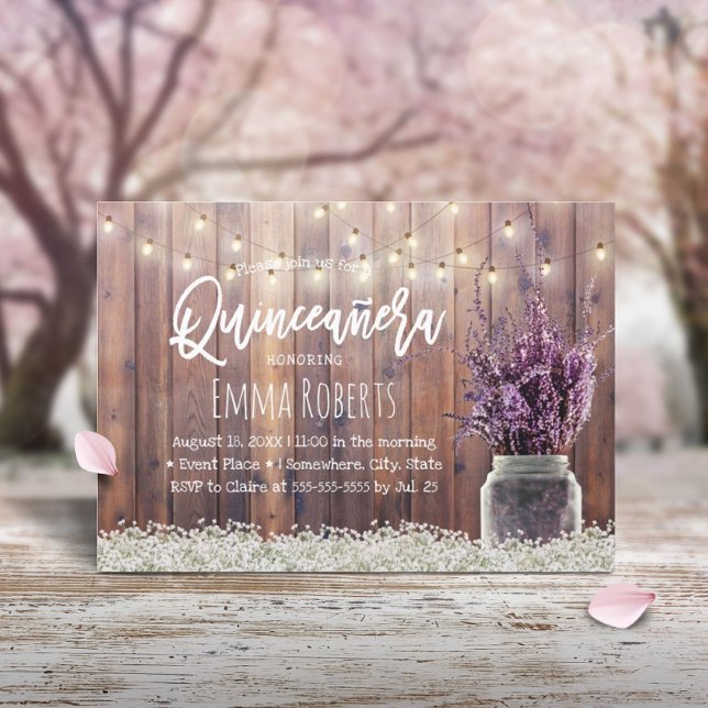 Invitación Quinceanera Rustic Lavender Floral String Luces (Subido por el creador)