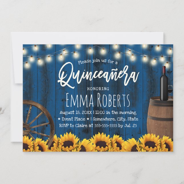 Invitación Quinceanera Rustic Sunflowers Barrel Naval Azul (Anverso)