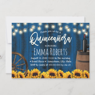 Invitación Quinceanera Rustic Sunflowers Barrel Naval Azul