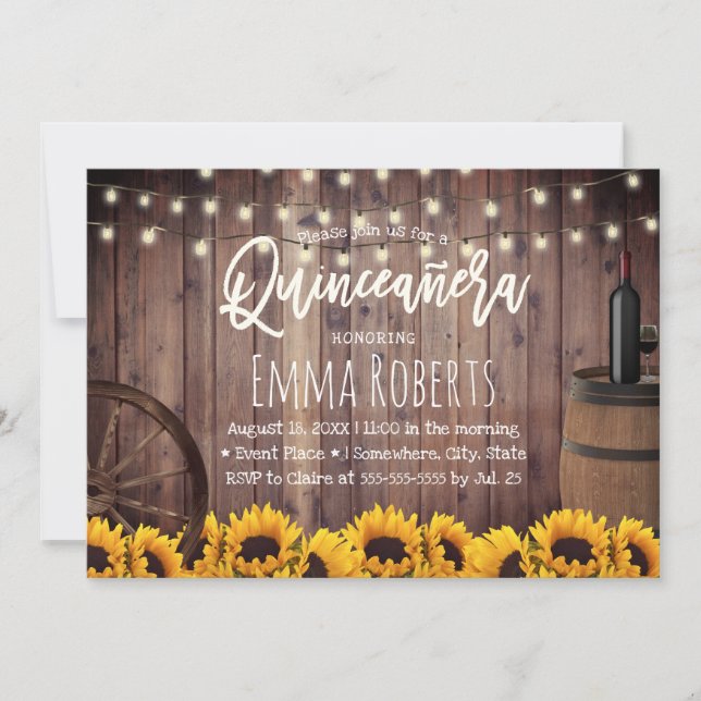 Invitación Quinceanera Rustic Sunflowers Madera Barril Cumple (Anverso)
