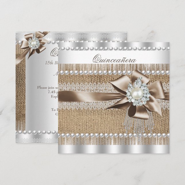 Invitación Quinceañera Rústica Arpillera Perla Encaje Perla (Anverso / Reverso)