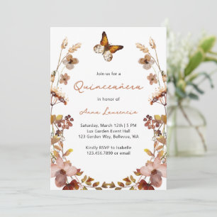 Invitación Quinceañera rústica con flores silvestres y maripo