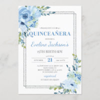 Quinceanera rústica con marco de plata floral azul