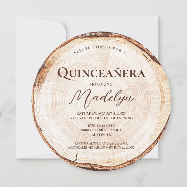 Invitación Quinceañera rústica de 15 años Grano de madera (Anverso)