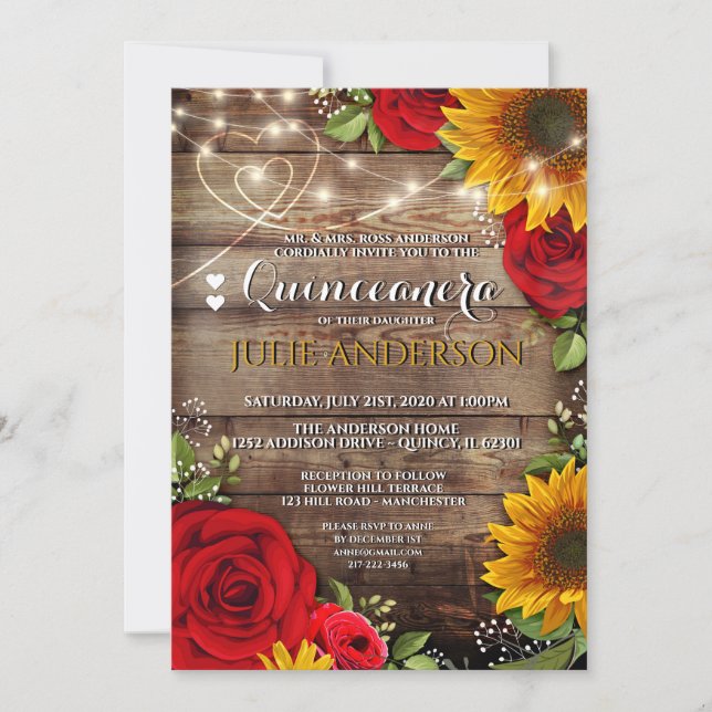 Invitación Quinceanera Rústica del girasol y la Rosa (Anverso)