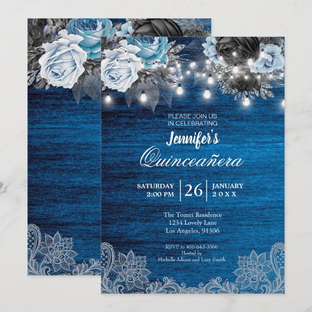 Invitación Quinceanera Rústica Floral Azul (Anverso / Reverso)