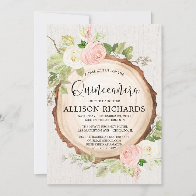 Invitación Quinceañera rústica, floral crema rosa (Anverso)