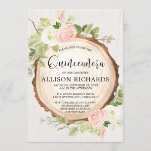 Invitación Quinceañera rústica, floral crema rosa