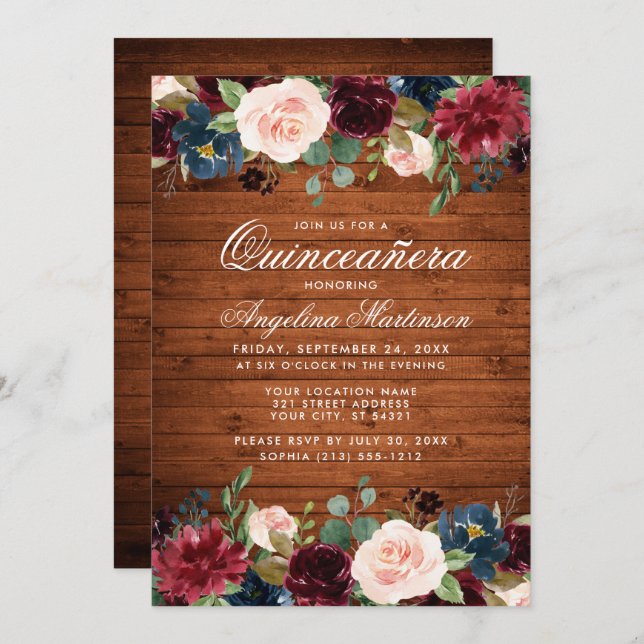 Invitación Quinceañera Rústica Floral Rosa Azul Burgundy Made (Anverso / Reverso)