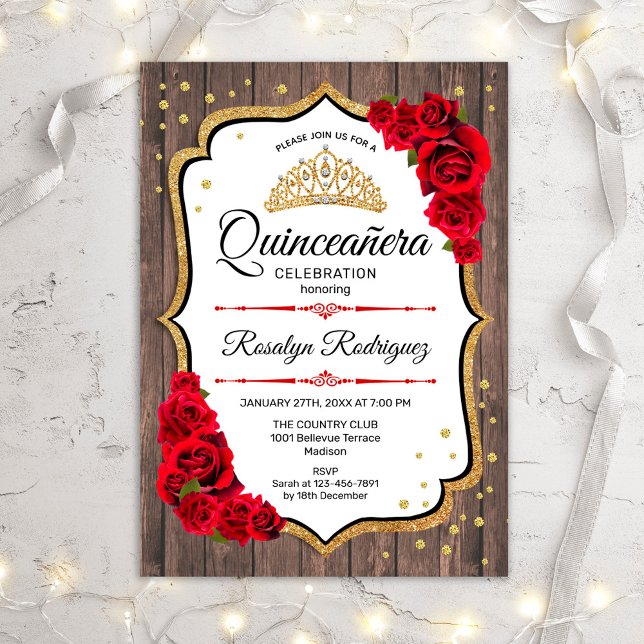 Invitación Quinceanera - Rústicas rosas rojas de madera (Subido por el creador)