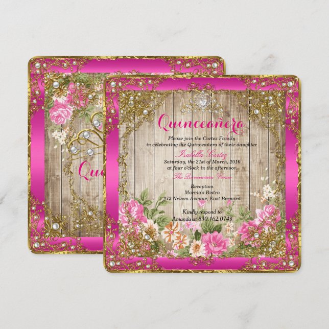 Invitación Quinceanera Rústico Caliente Madera Floral Oro (Anverso / Reverso)