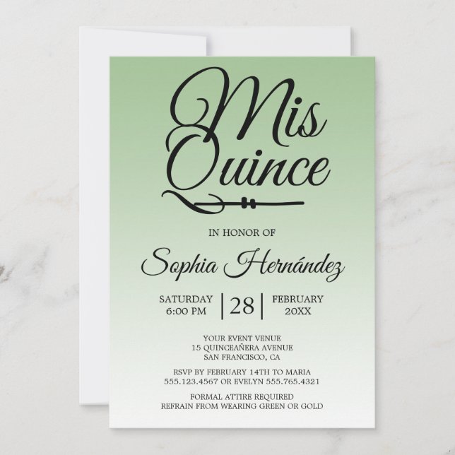 Invitación Quinceañera Sage Green 15 cumpleaños (Anverso)