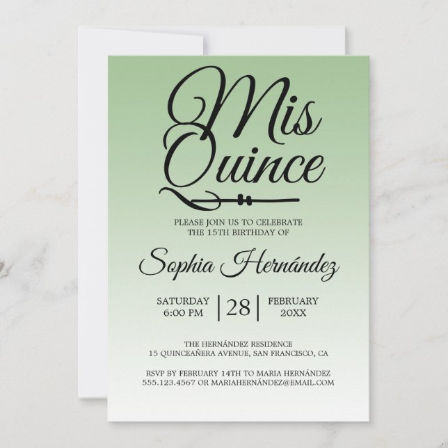 Invitación Quinceañera Sage Green 15 cumpleaños (Anverso)