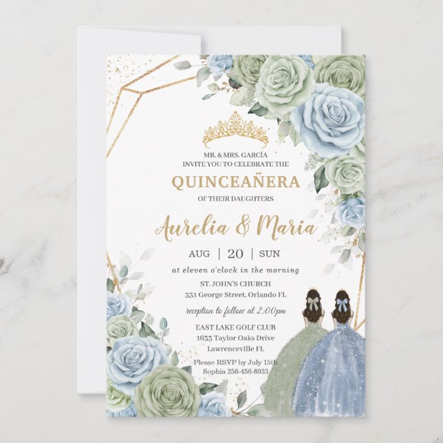 Invitación Quinceañera Sage Green Baby Blue Floral Twins Gold (Anverso)