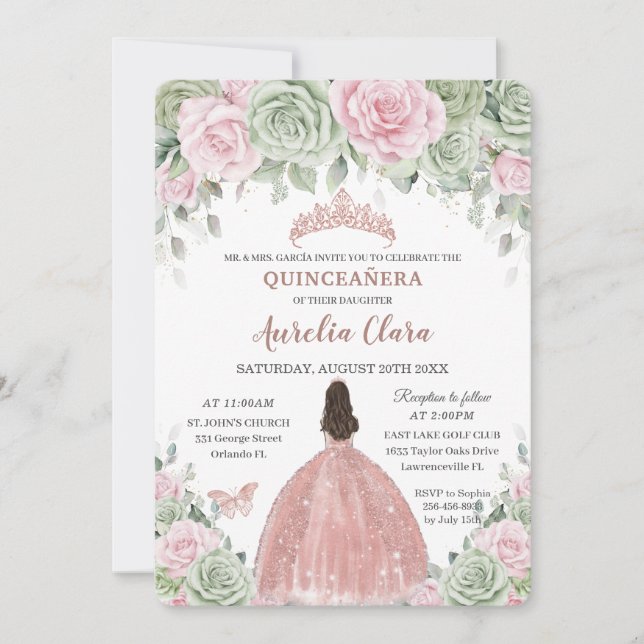 Invitación Quinceañera Sage Green Baby Pink Floral Rosa Gold (Anverso)