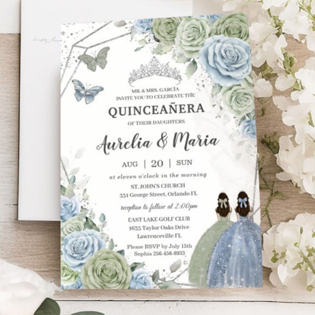 Invitación Quinceañera Sage Green Blue Floral Twins Silver (Subido por el creador)