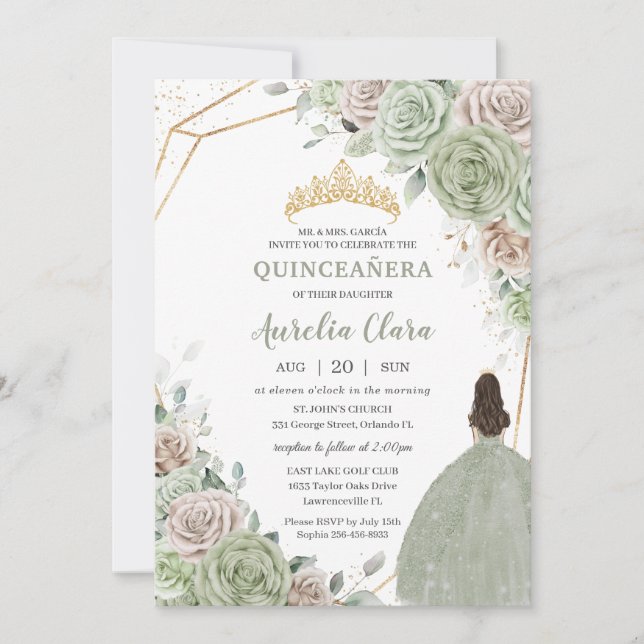 Invitación Quinceañera Sage Green Champagne Gold Floral (Anverso)