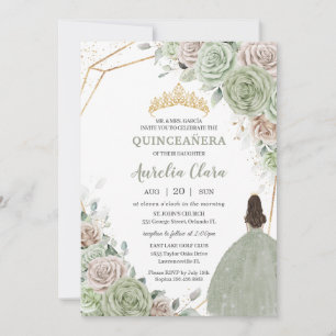 Invitación Quinceañera Sage Green Champagne Gold Floral